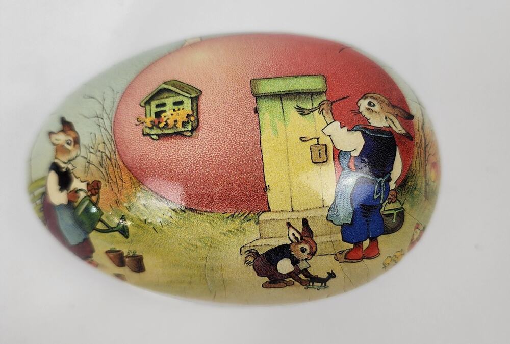 Decorative Easter Paper Mache 4.5" Egg Made In Germany, Rabbit Family Nestler